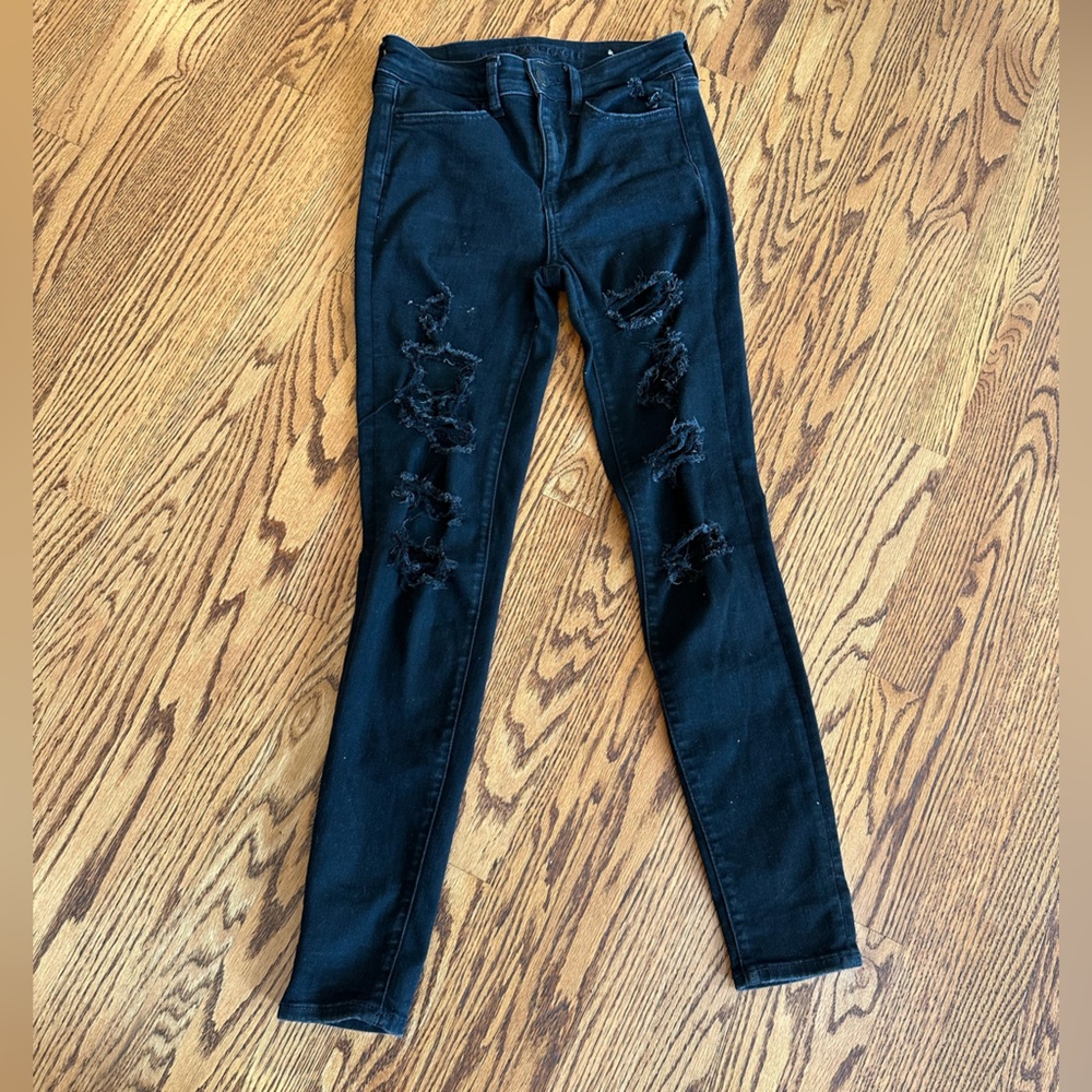 American Eagle Outfitters Black Distressed Next Level Stretch Distressed Jean